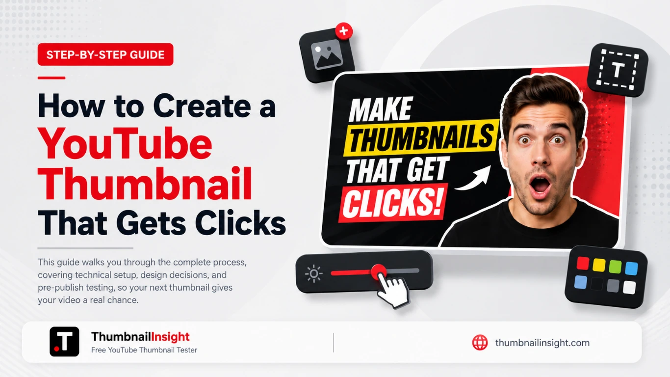 How to create a YouTube thumbnail that gets clicks — complete 9-step guide covering specs, design tools, composition, 5-layer design system and pre-publish testing