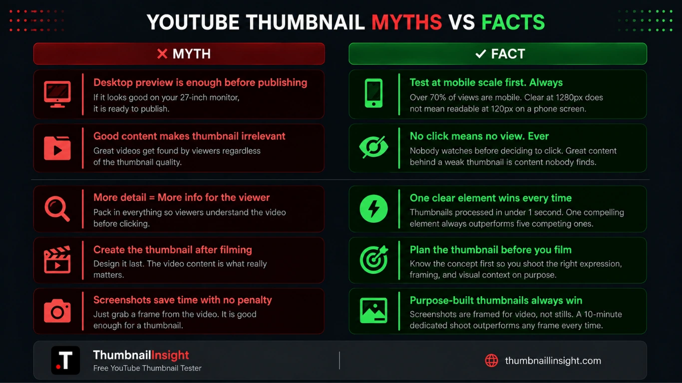 YouTube thumbnail creation myths vs facts — debunking five common misconceptions about creating thumbnails including more detail being better and screenshots working as thumbnails