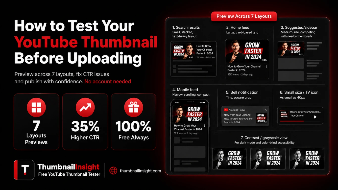 How to test your YouTube thumbnail before uploading — preview across 7 YouTube layouts and check CTR score with ThumbnailInsight