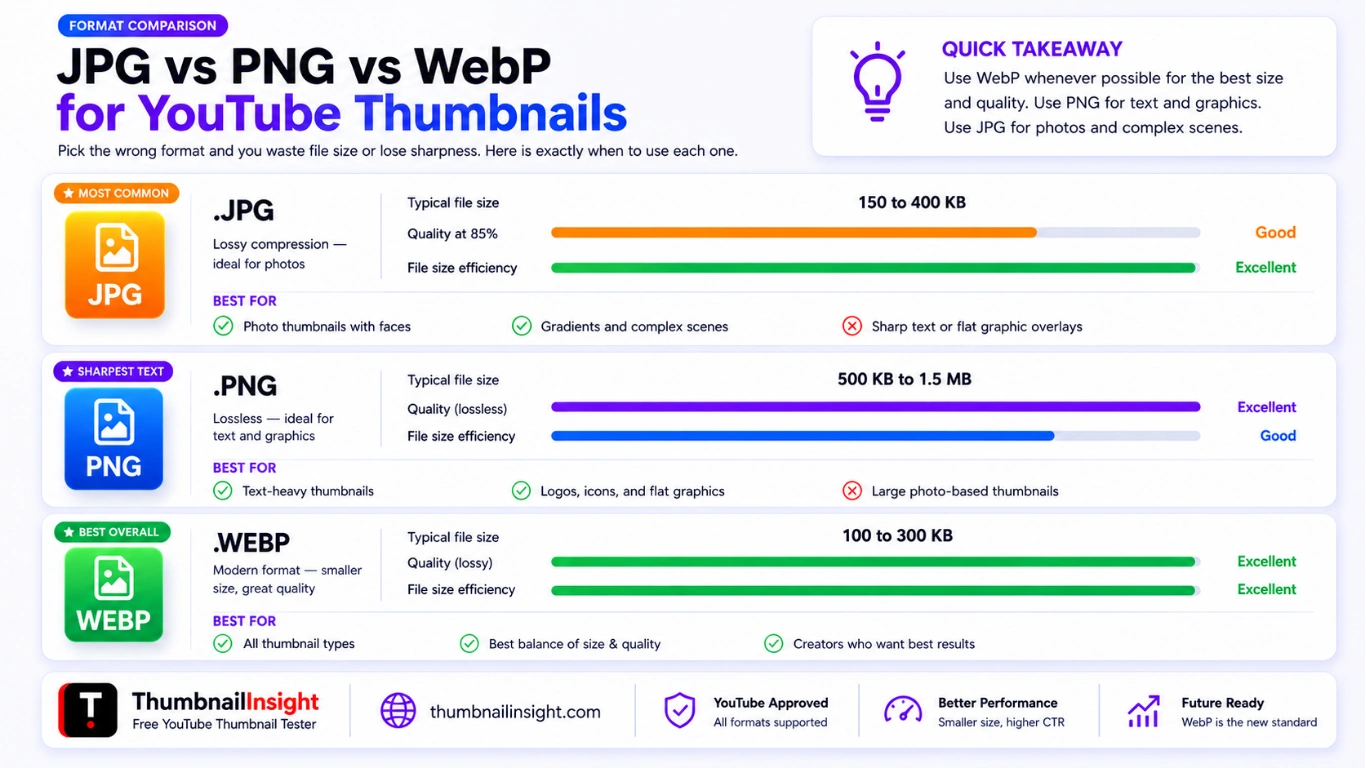JPG vs PNG vs WebP for YouTube thumbnails in 2026 — file size comparison, quality difference, and which format to use for photo-based or graphic thumbnails