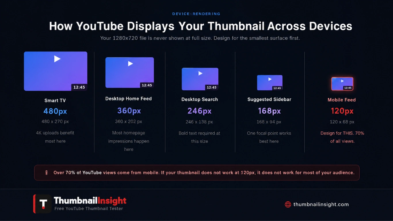 YouTube thumbnail display sizes across all devices in 2026 — desktop search 246x138px, home feed 360x202px, mobile feed 120x68px, bell notification square crop and smart TV 480x270px