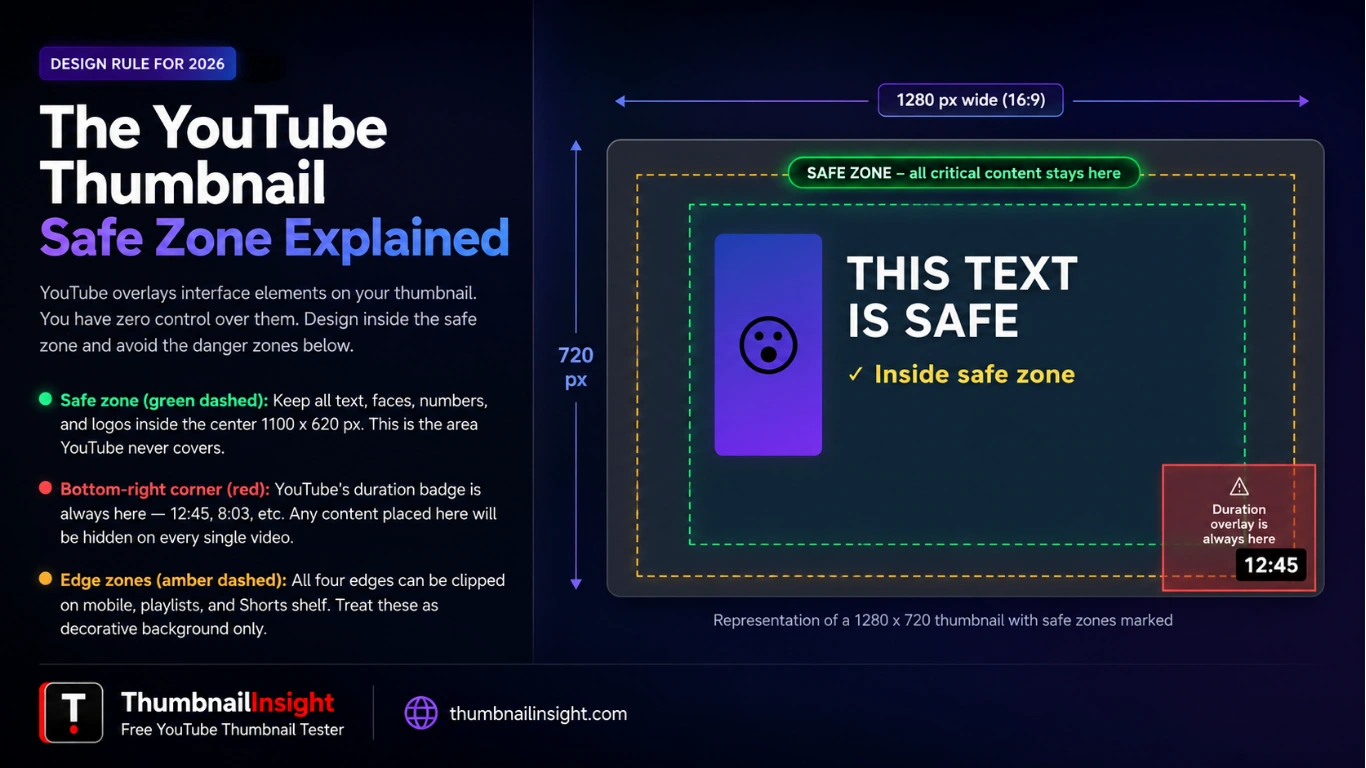 YouTube thumbnail safe zone 2026 — 1100x620px safe area on a 1280x720 canvas showing the bottom-right duration overlay danger zone to avoid