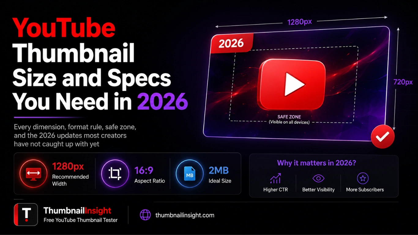 YouTube thumbnail size and specs 2026 — 1280x720px dimensions, 16:9 aspect ratio, file size and format guide