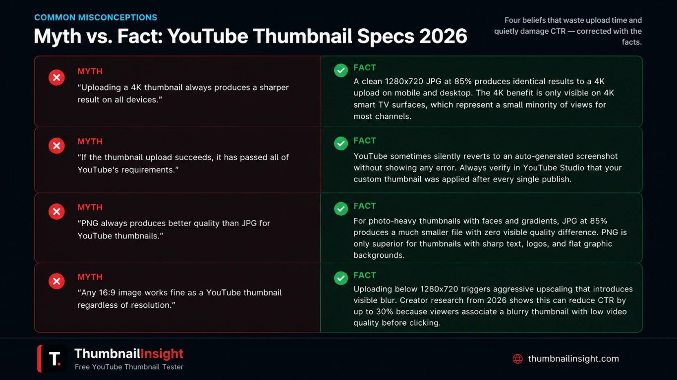 YouTube thumbnail specs myths vs facts 2026 — debunking misconceptions about 4K thumbnail quality, silent upload failures, PNG vs JPG, and 16:9 ratio requirements